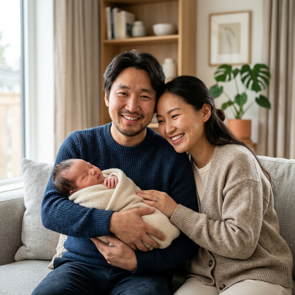 Asian couple with newborn — IVF success story