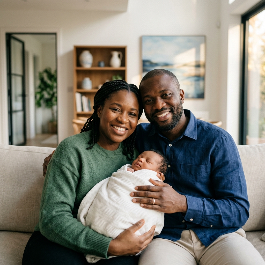 African couple with newborn baby — IVF success story