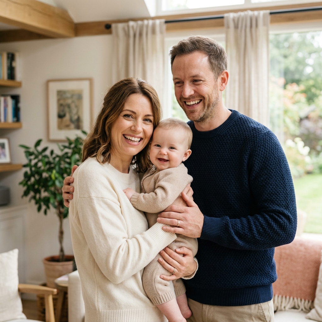 Caucasian couple with baby — IVF success from UK