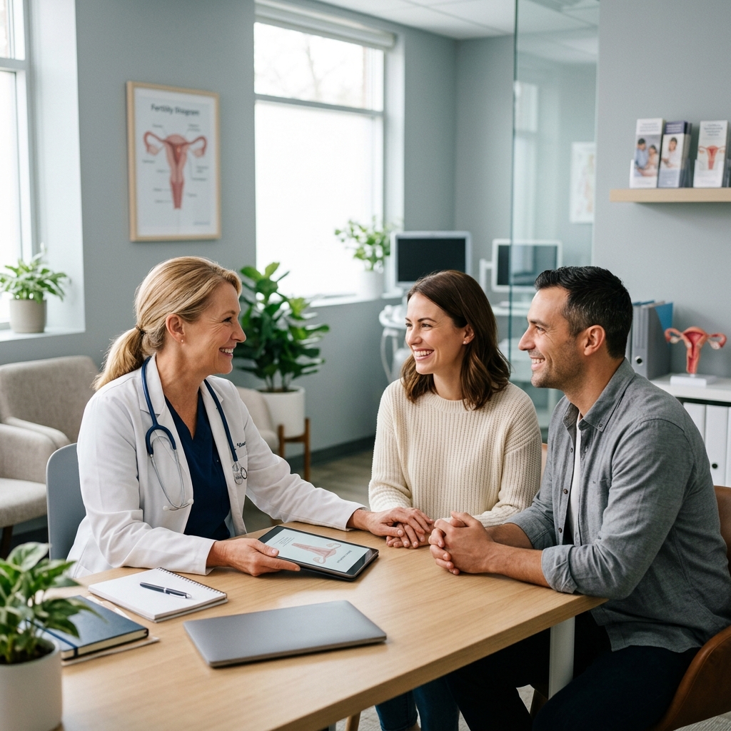 Doctor interacting with a hopeful couple in IVF clinic